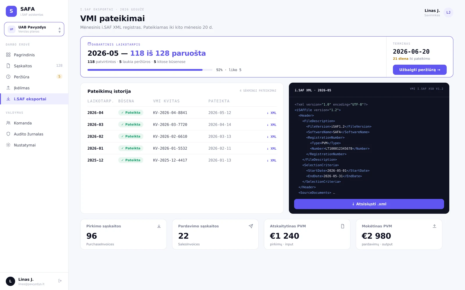 i.SAF XML eksportas iš SAFA